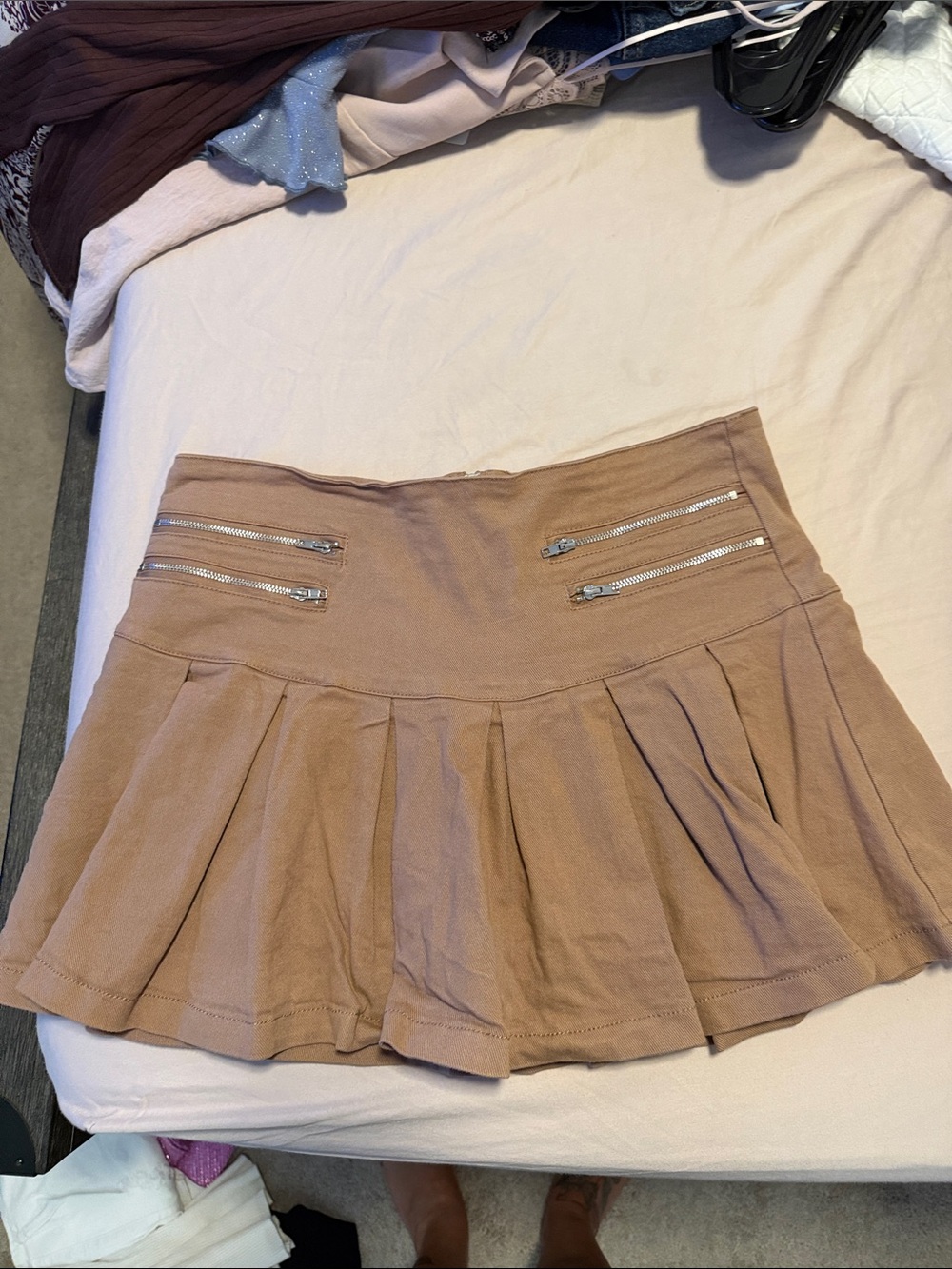 Windsor Tan Pleated Mini Skirt with Silver Zippers